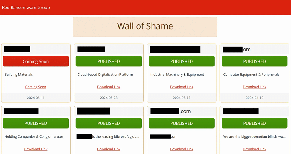 Red Ransomware RedCryptoApp data leak site victim listing Wall of Shame